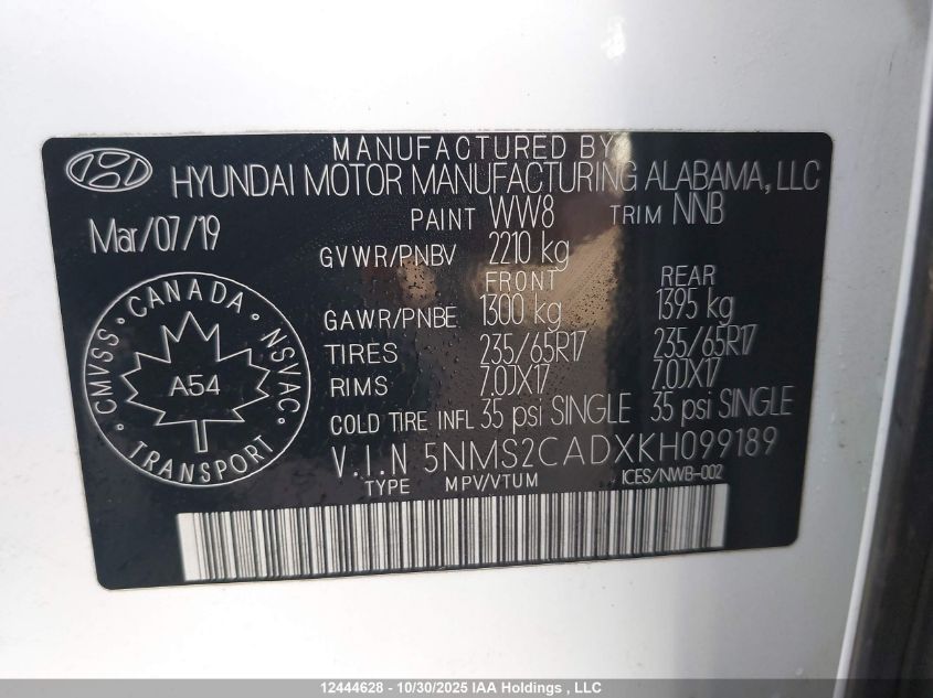 2019 Hyundai Santa Fe Se VIN: 5NMS2CADXKH099189 Lot: 12444628