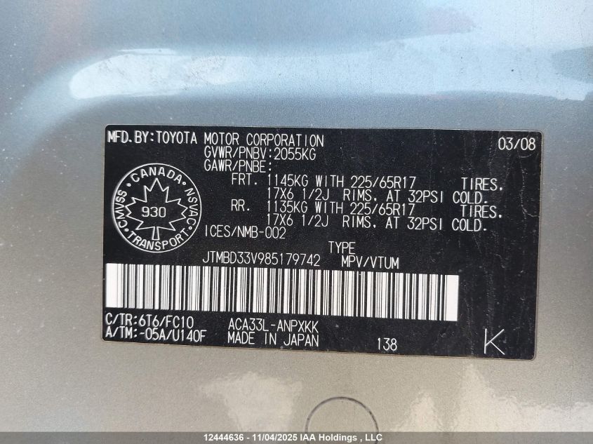 2008 Toyota Rav4 VIN: JTMBD33V985179742 Lot: 12444636