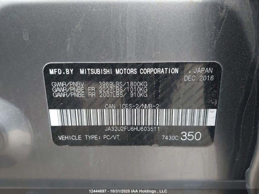 2017 Mitsubishi Lancer Es/Se Anniversary Edition/Se Black Edition/Se Ltd VIN: JA32U2FU6HU603511 Lot: 12444697