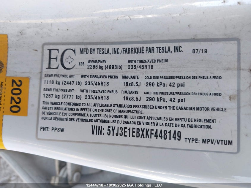 2019 Tesla Model 3 Long Range/Performance VIN: 5YJ3E1EBXKF448149 Lot: 12444718