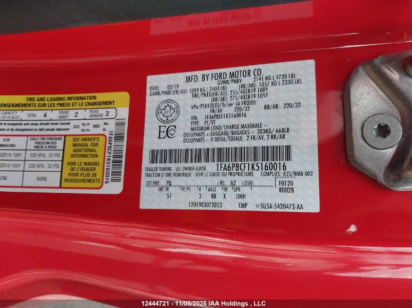 2019 Ford Mustang Gt Premium VIN: 1FA6P8CF1K5160016 Lot: 12444721