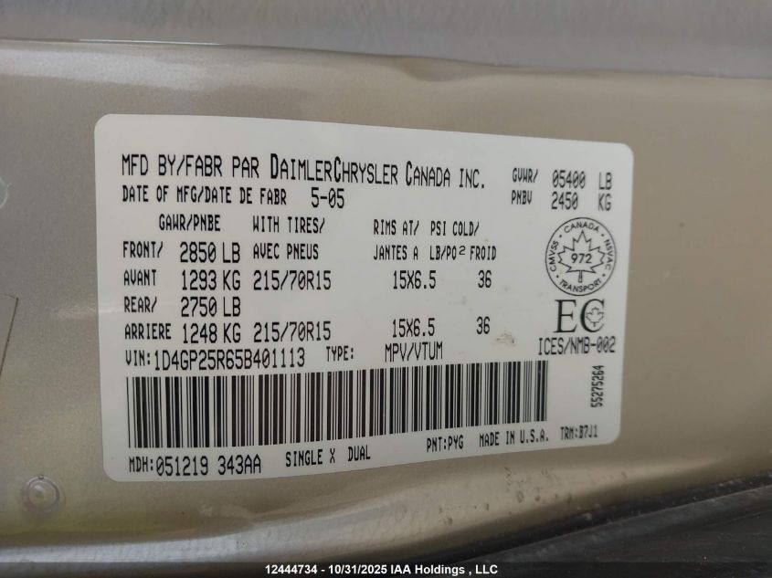 2005 Dodge Caravan Se VIN: 1D4GP25R65B401113 Lot: 12444734