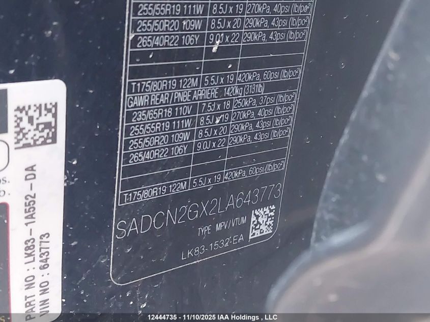 2020 Jaguar F-Pace 30T Portfolio VIN: SADCN2GX2LA643773 Lot: 12444735