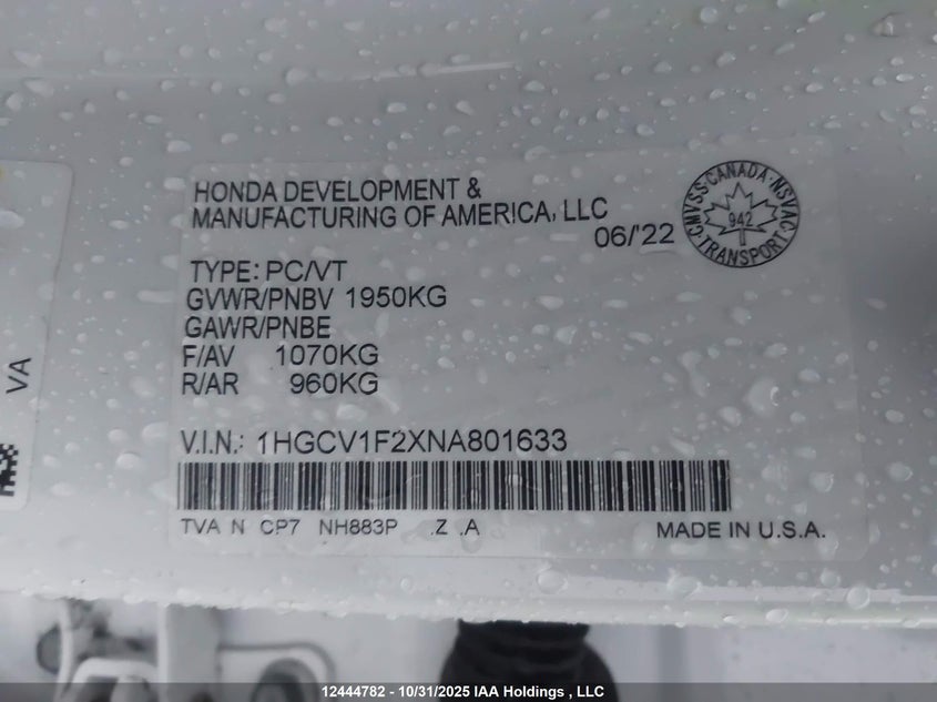1HGCV1F2XNA801633 2022 HONDA ACCORD photo no. 9