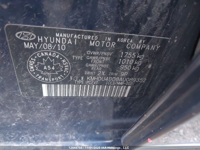 2010 Hyundai Elantra Blue/Gls/Se VIN: KMHDU4BD8AU089352 Lot: 12444788