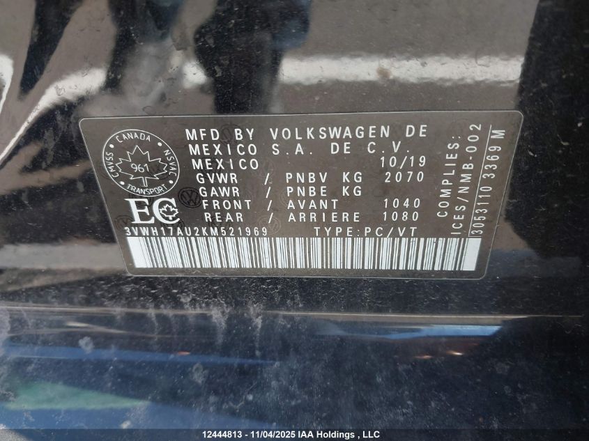 2019 Volkswagen Golf Alltrack 1.8 Tsi Execline/1.8 Tsi Highline VIN: 3VWH17AU2KM521969 Lot: 12444813