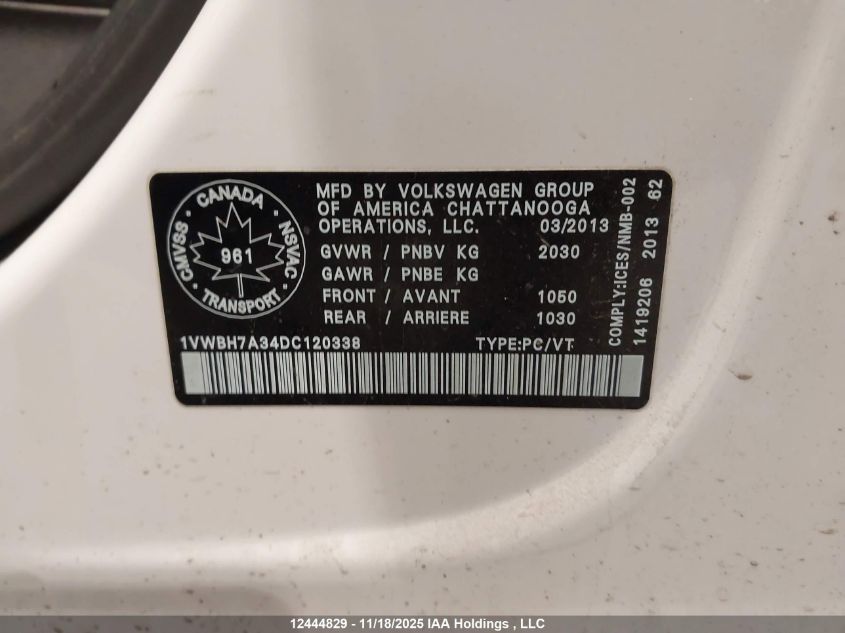 2013 Volkswagen Passat VIN: 1VWBH7A34DC120338 Lot: 12444829