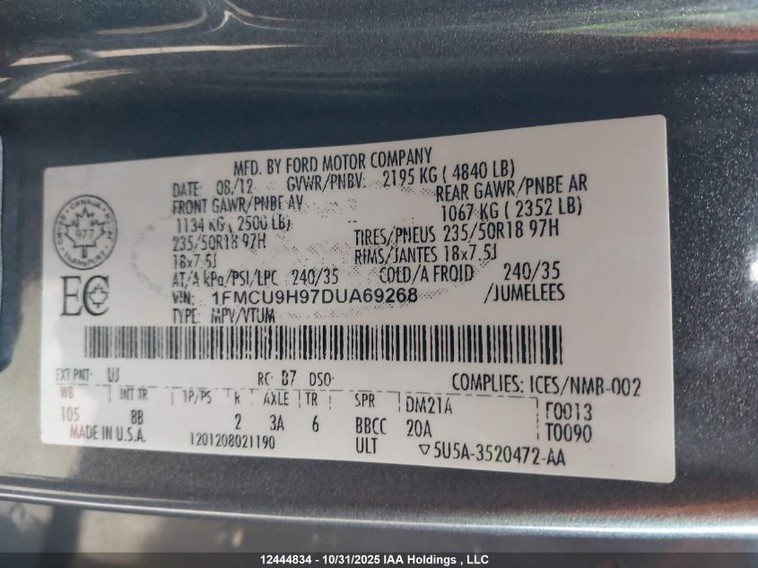 2013 Ford Escape Sel VIN: 1FMCU9H97DUA69268 Lot: 12444834