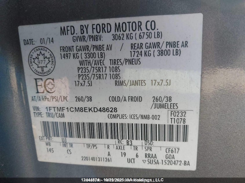 2014 Ford F-150 Xl VIN: 1FTMF1CM8EKD48628 Lot: 12444874