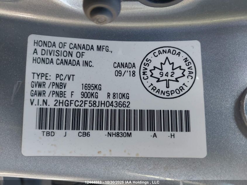 2018 Honda Civic Lx VIN: 2HGFC2F58JH043662 Lot: 12444883