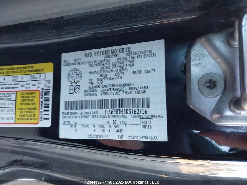 2019 Ford Mustang VIN: 1FA6P8TH5K5162756 Lot: 12444892