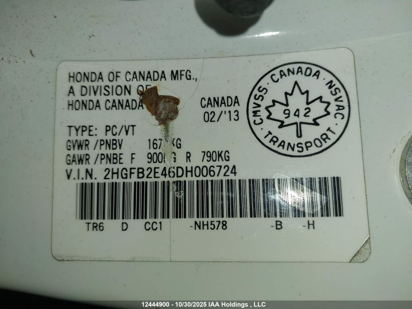 2013 Honda Civic Lx VIN: 2HGFB2E46DH006724 Lot: 12444900