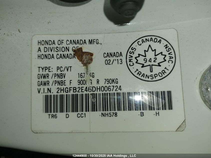 2013 Honda Civic Lx VIN: 2HGFB2E46DH006724 Lot: 12444900