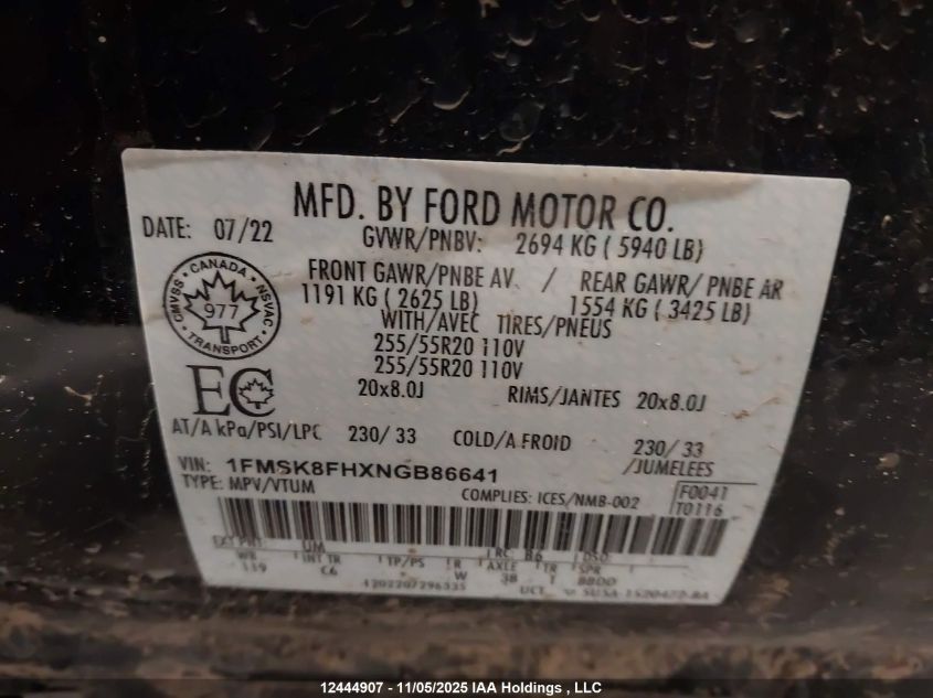 2022 Ford Explorer Limited VIN: 1FMSK8FHXNGB86641 Lot: 12444907