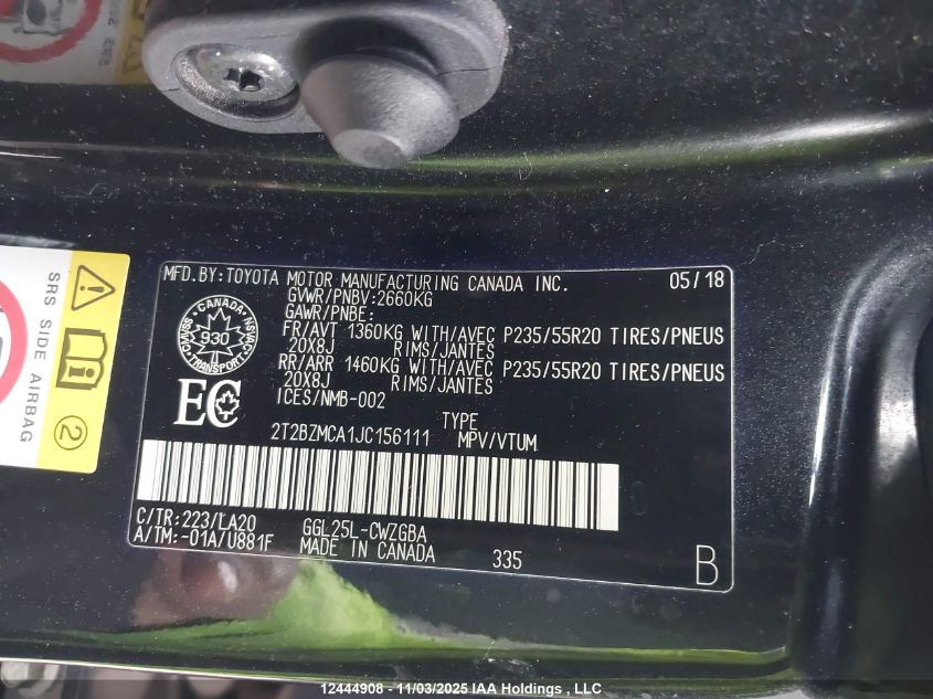 2018 Lexus Rx 350 VIN: 2T2BZMCA1JC156111 Lot: 12444908