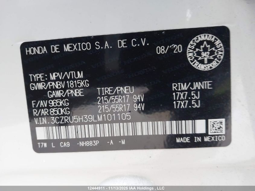 2020 Honda Hr-V Lx VIN: 3CZRU5H39LM101105 Lot: 12444911