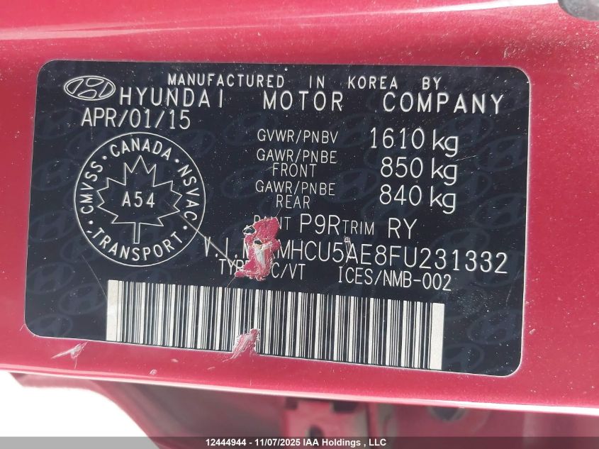 2015 Hyundai Accent Gls VIN: KMHCU5AE8FU231332 Lot: 12444944