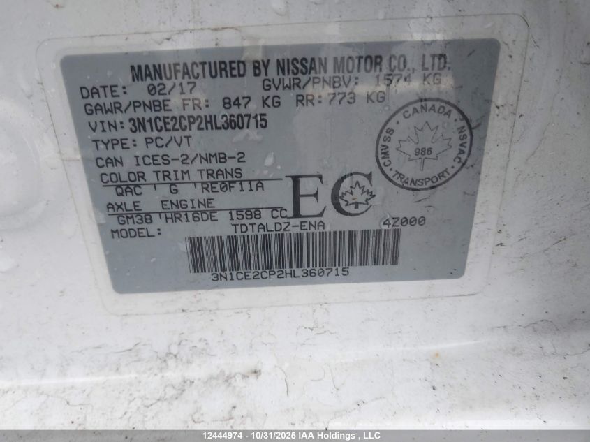 2017 Nissan Versa Note 1.6 S/1.6 Sl/1.6 Sr/1.6 Sv VIN: 3N1CE2CP2HL360715 Lot: 12444974