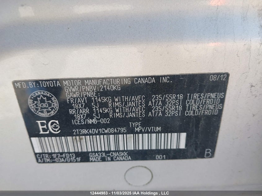 2012 Toyota Rav4 Sport VIN: 2T3RK4DV1CW084795 Lot: 12444983