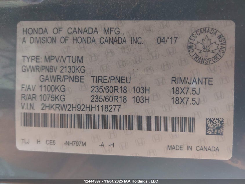 2HKRW2H92HH118277 2017 HONDA CR-V photo no. 9