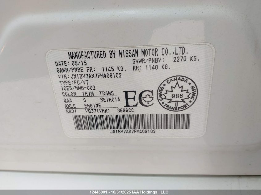 2015 Infiniti Q50 Premium/Sport VIN: JN1BV7AR7FM409102 Lot: 12445001