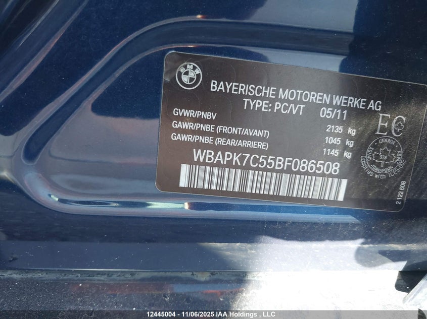 2011 BMW 328 Xi VIN: WBAPK7C55BF086508 Lot: 12445004