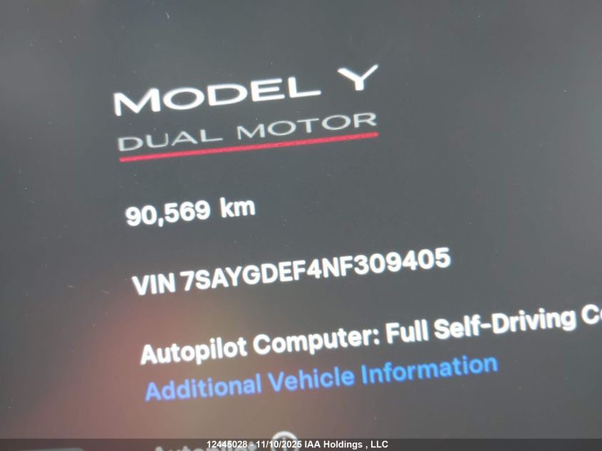 2022 Tesla Model Y VIN: 7SAYGDEF4NF309405 Lot: 12445028