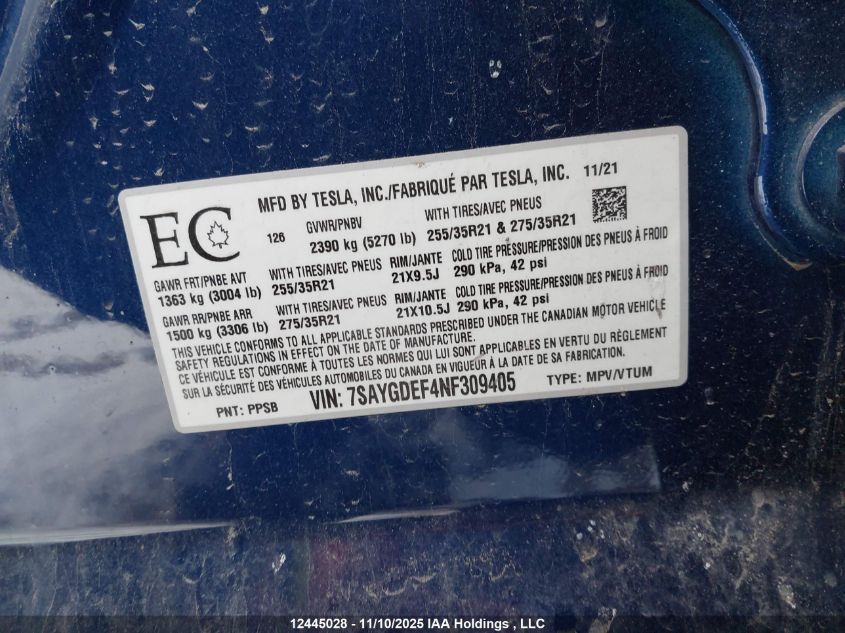 2022 Tesla Model Y VIN: 7SAYGDEF4NF309405 Lot: 12445028