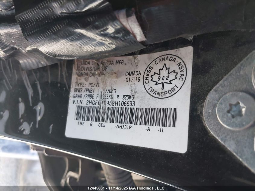 2016 Honda Civic Touring VIN: 2HGFC1F95GH106593 Lot: 12445031