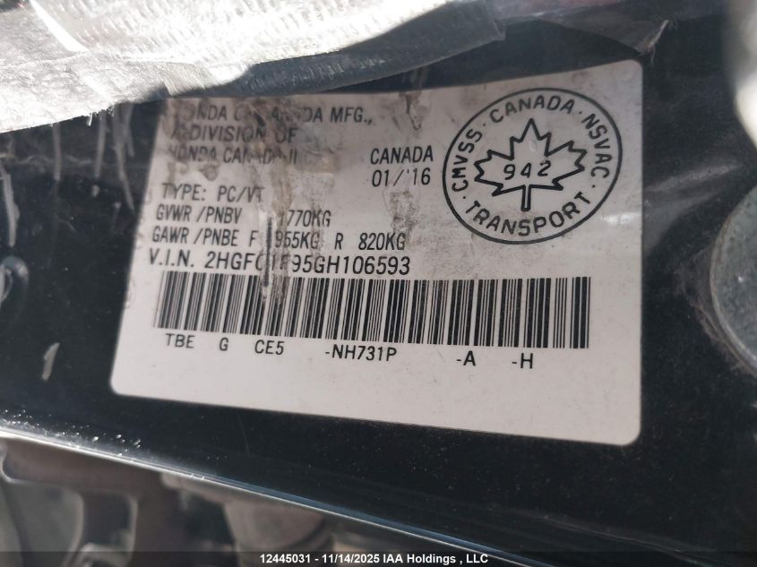 2016 Honda Civic Touring VIN: 2HGFC1F95GH106593 Lot: 12445031