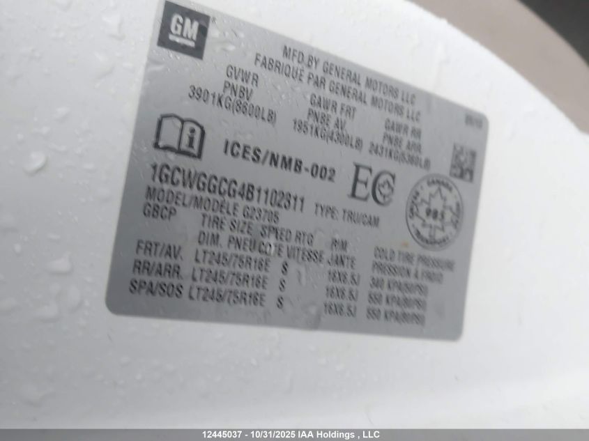 2011 Chevrolet Express 2500 Standard VIN: 1GCWGGCG4B1102311 Lot: 12445037