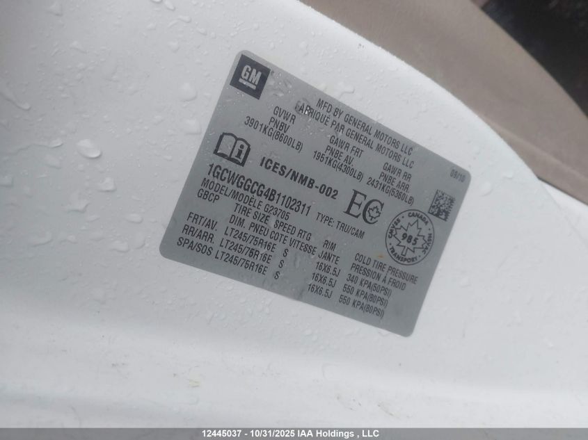 2011 Chevrolet Express 2500 Standard VIN: 1GCWGGCG4B1102311 Lot: 12445037