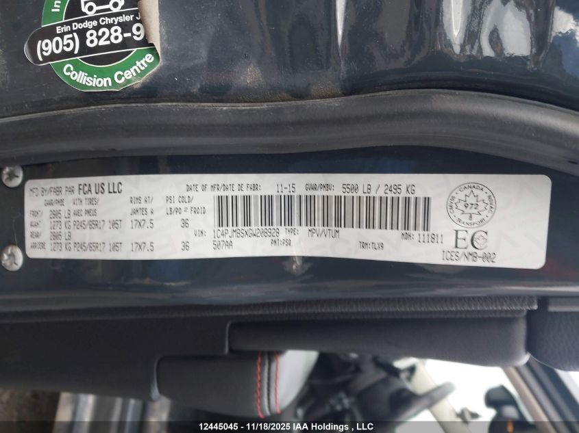 2016 Jeep Cherokee Trailhawk VIN: 1C4PJMBSXGW208928 Lot: 12445045