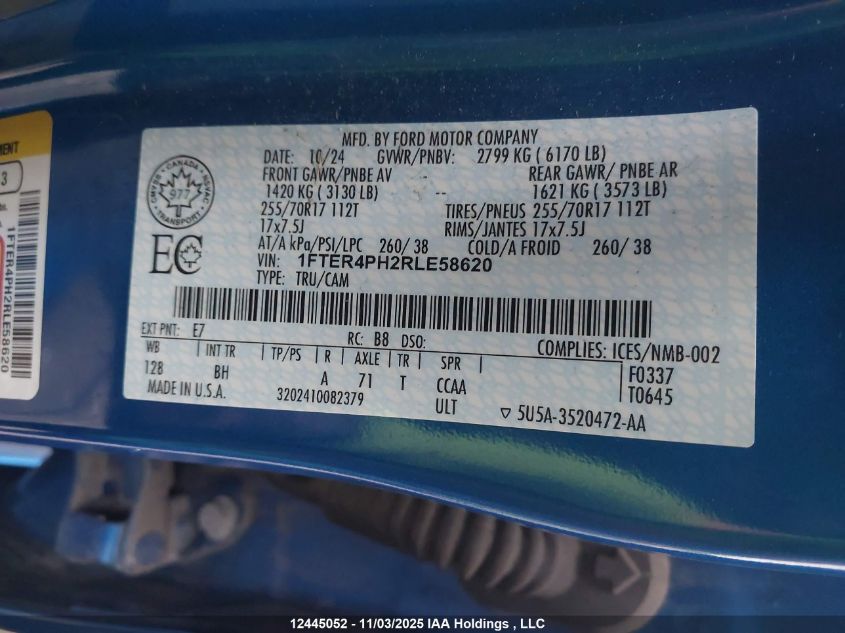 2024 Ford Ranger VIN: 1FTER4PH2RLE58620 Lot: 12445052
