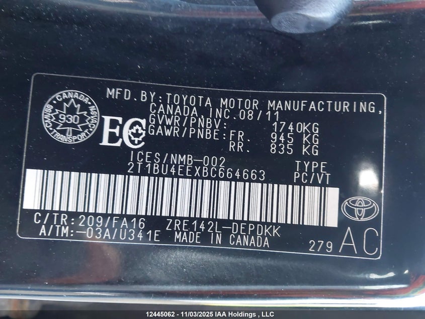 2T1BU4EEXBC664663 2011 TOYOTA COROLLA photo no. 9