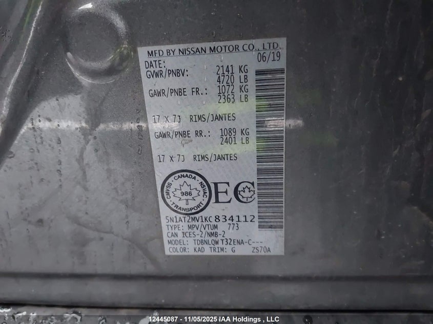 5N1AT2MV1KC834112 2019 NISSAN ROGUE photo no. 9