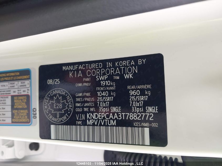 2026 Kia Seltos Lx VIN: KNDEPCAA3T7882772 Lot: 12445103