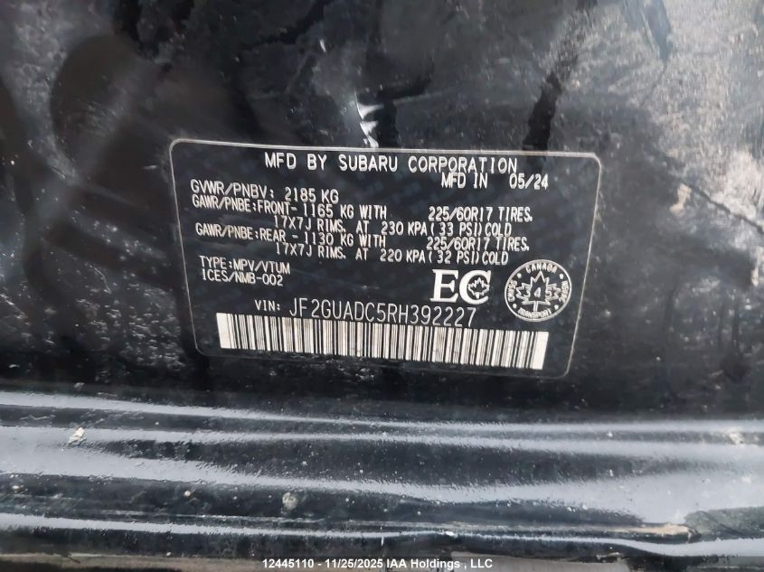 2024 Subaru Crosstrek Touring VIN: JF2GUADC5RH392227 Lot: 12445110