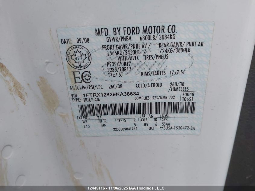 2009 Ford F-150 Stx/Xl/Xlt VIN: 1FTRX12829KA38634 Lot: 12445116
