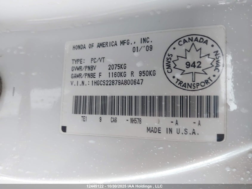 1HGCS22879A800647 2009 HONDA ACCORD photo no. 9