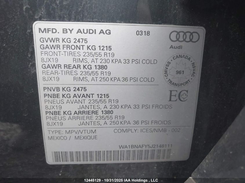 2018 Audi Q5 Premium Plus VIN: WA1BNAFY5J2148111 Lot: 12445129