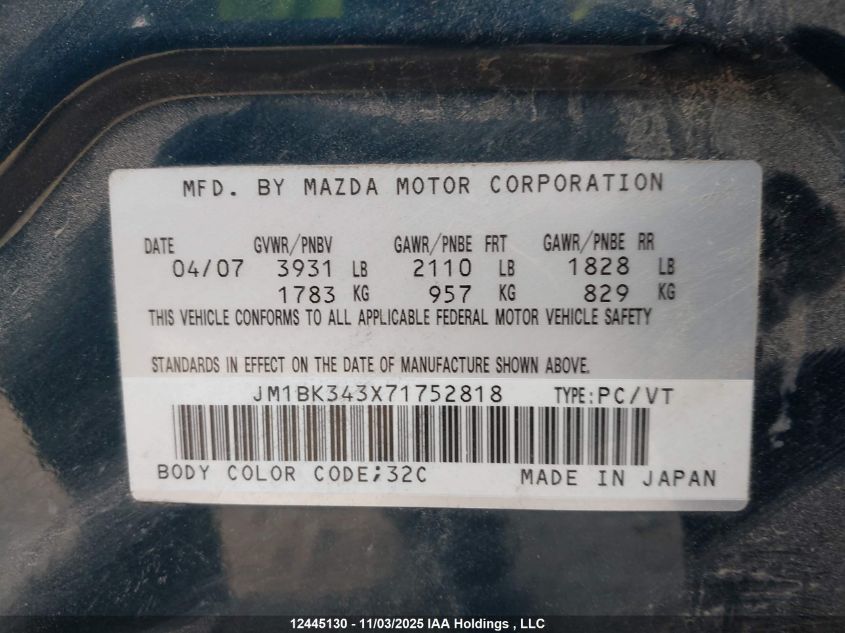 2007 Mazda 3 Hatchback VIN: JM1BK343X71752818 Lot: 12445130