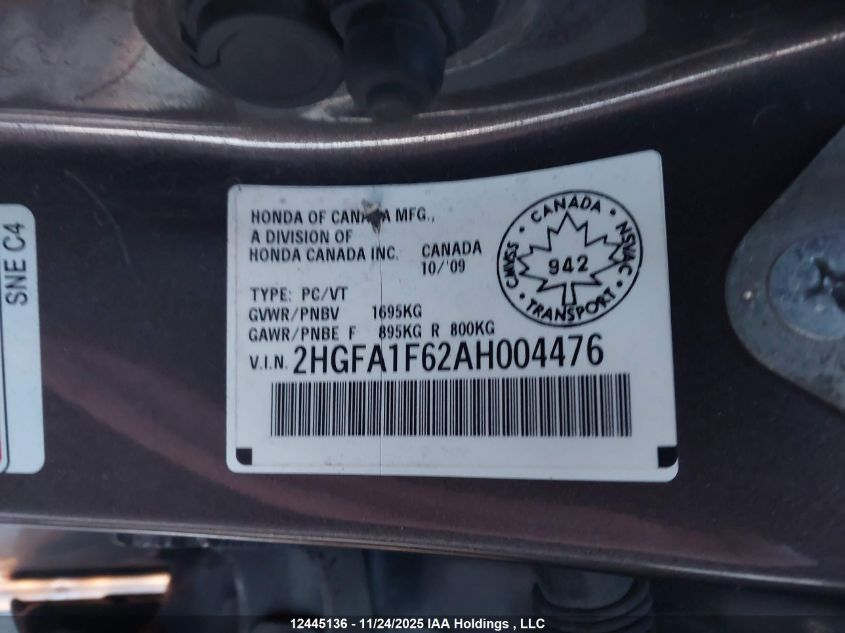 2010 Honda Civic Lx-S VIN: 2HGFA1F62AH004476 Lot: 12445136