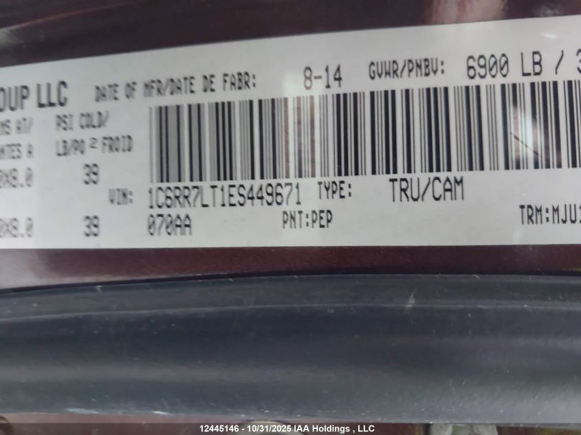 2014 Ram 1500 Slt VIN: 1C6RR7LT1ES449671 Lot: 12445146