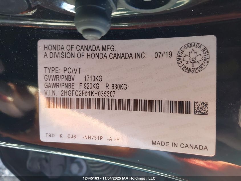 2019 Honda Civic Lx VIN: 2HGFC2F51KH035307 Lot: 12445163