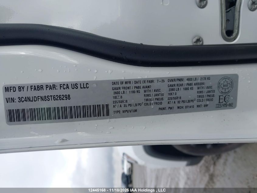 2025 Jeep Compass Altitude VIN: 3C4NJDFN8ST626298 Lot: 12445168