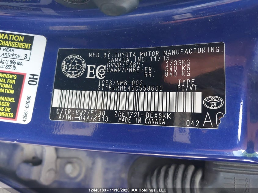 2T1BURHE4GC558600 2016 TOYOTA COROLLA photo no. 9