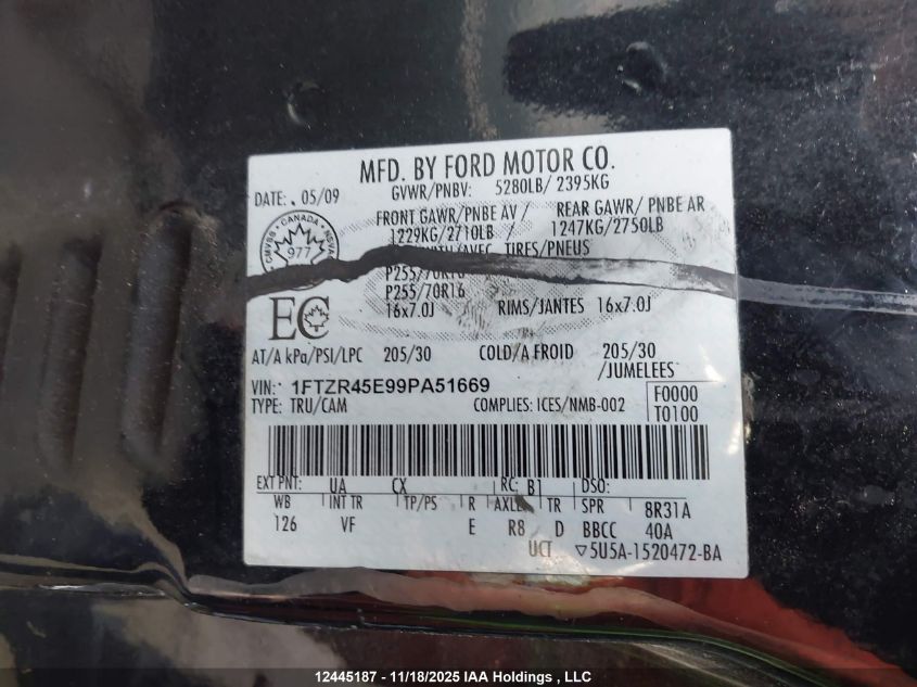 2009 Ford Ranger Fx4 Off-Road/Sport/Xl/Xlt VIN: 1FTZR45E99PA51669 Lot: 12445187