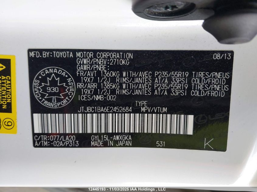 2014 Lexus Rx 450 VIN: JTJBC1BA6E2452684 Lot: 12445193