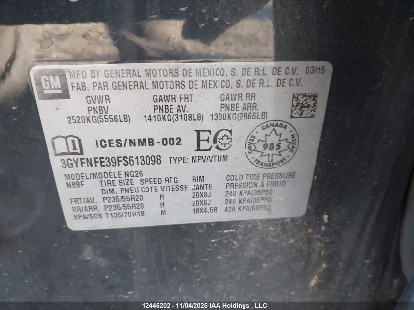 2015 Cadillac Srx VIN: 3GYFNFE39FS613098 Lot: 12445202